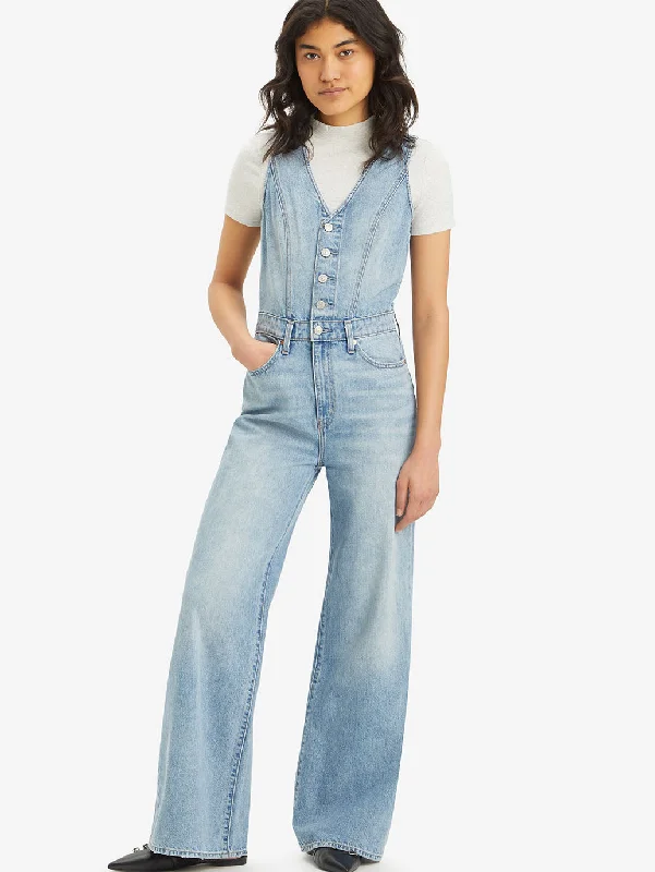 Retro Dress Women's Solid Blue V Neck Jumpsuit