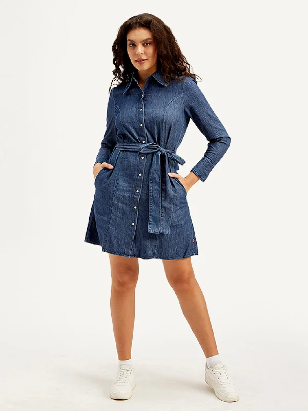 Noble And Elegant Women's Solid Navy Spread Collar Dress