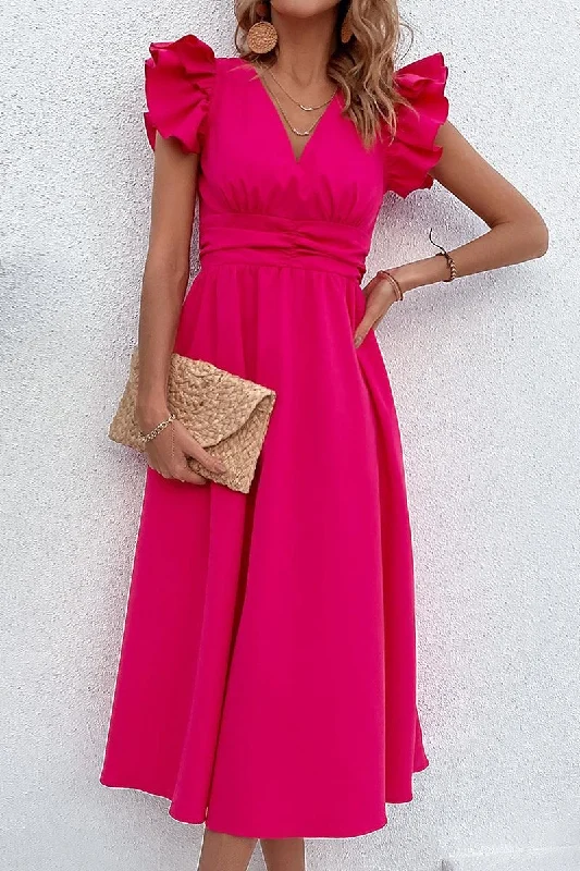 Windbreaker fashion ROSE SHOULDER WRINKLED TIGHTEN WAIST FLARE DRESS