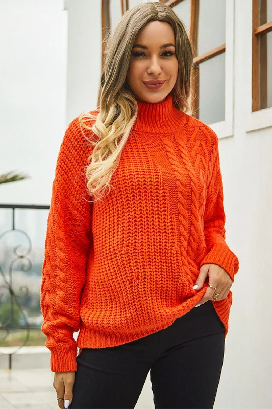 Celebrity Style Cable-Knit Turtle Neck Long Sleeve Sweater