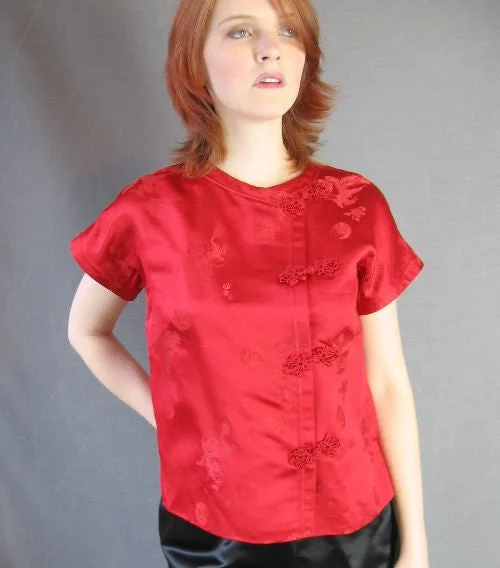 Sports Jacket 60s Asian Hostess Pajamas Outfit Women's Qipao Top Pants Vintage Satin M/L VFG