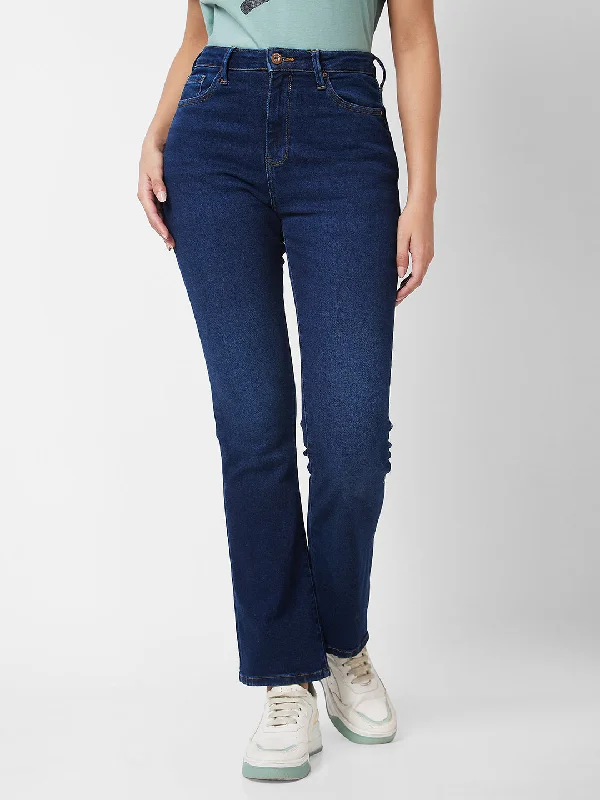 Stand-up collar design Spykar Mid Rise Bootcut Fit Blue Jeans For Women