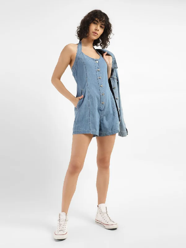 Comfortable Wear Women's Solid Blue Collar Romper Dress