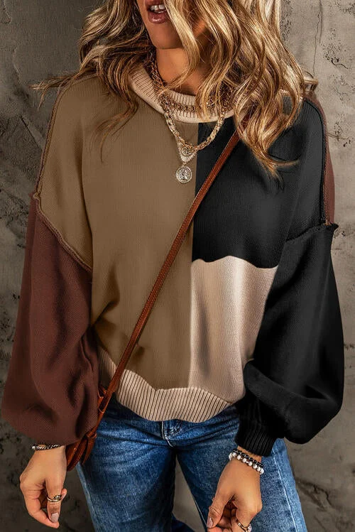 Personality Publicity Color Block Exposed Seam Long Sleeve Sweater