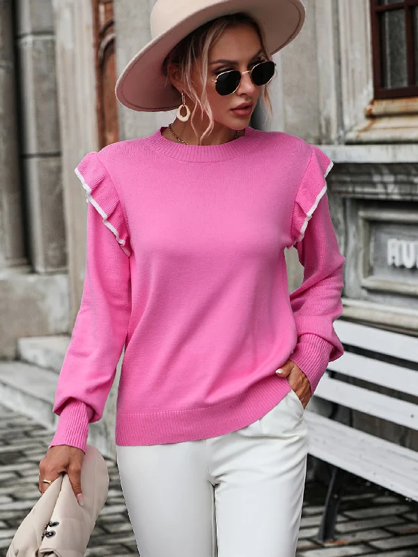 Quality Tailoring Round Neck Ruffle Trim Long Sleeve Pullover Sweater