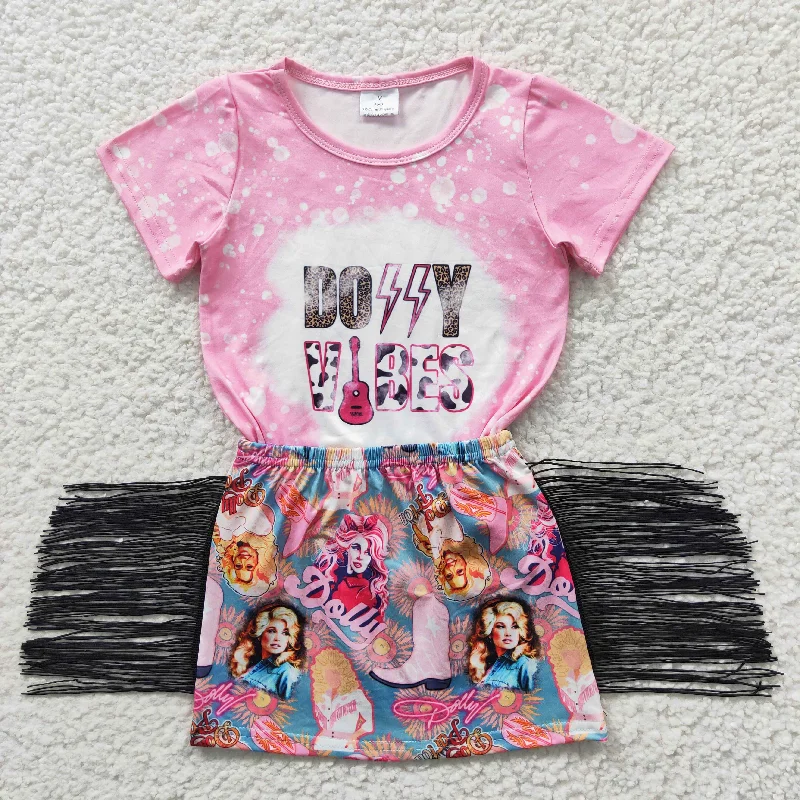 Simple Design girls pink t-shirts tassel skirts sets GSD0317