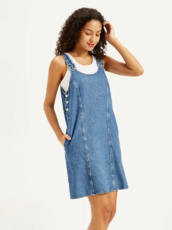High waist design Women's Solid Blue Scoop Neck Denim Dress