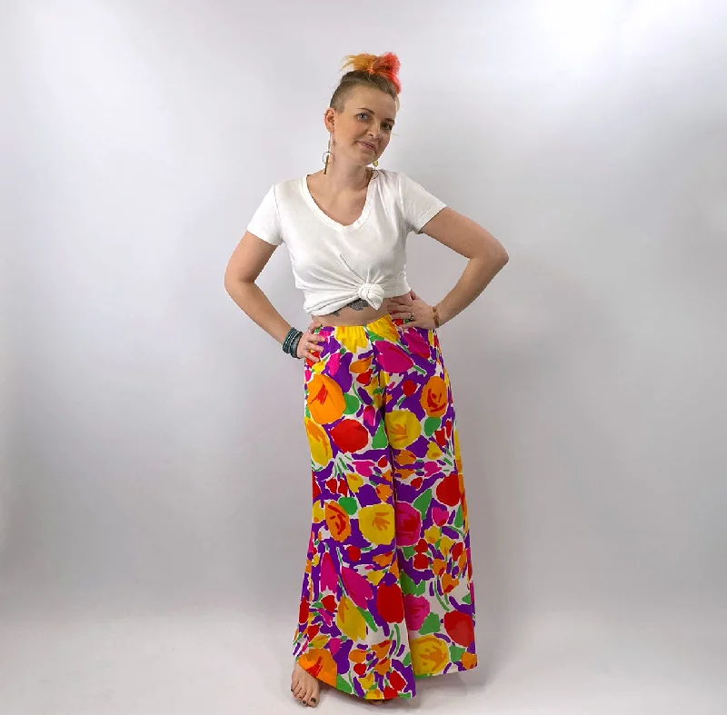 Comfortable Sweaters 70s Palazzo Pants Women's Jersey Print Bold Floral 60s Vintage Miss Elaine VFG