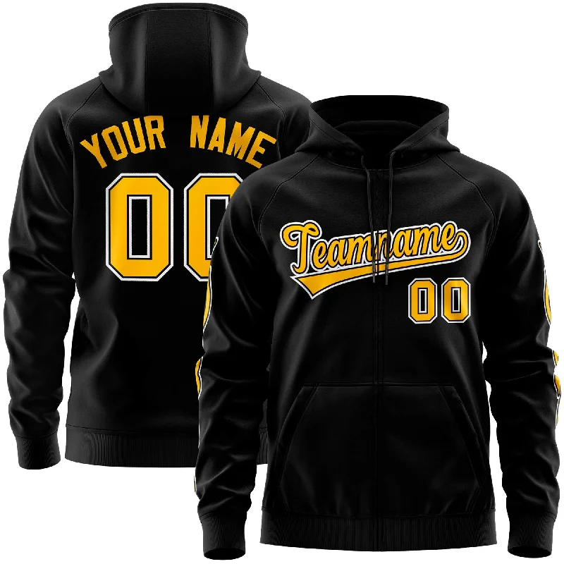Casual Comfort Custom Stitched Black Gold Sports Full-Zip Sweatshirt Hoodie with Flame