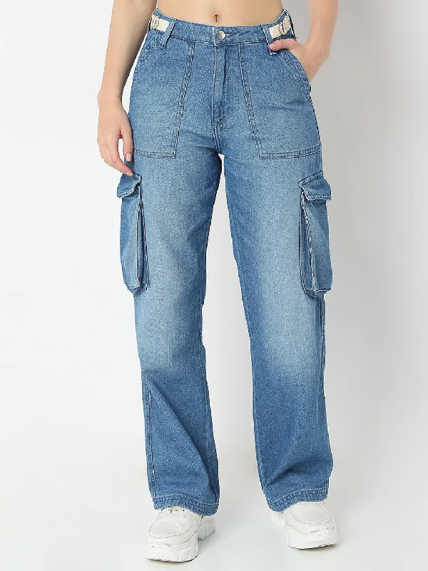 Floral Prints Spykar Mid Blue Straight Fit High Rise Jeans For Women