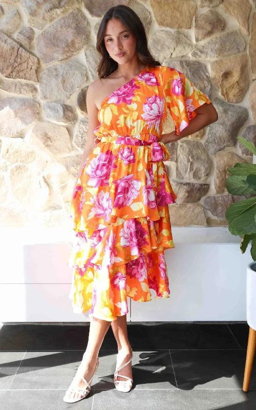 High Street Fashion Mikko Midi Dress - Orange Pink Floral