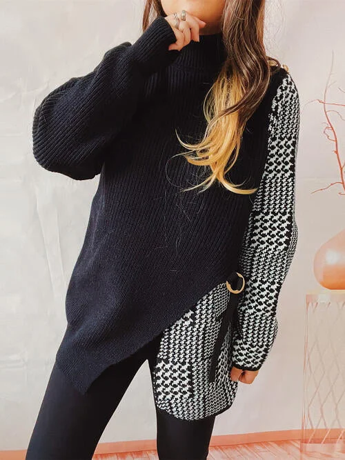 Retro Style Houndstooth Turtleneck Long Sleeve Slit Sweater