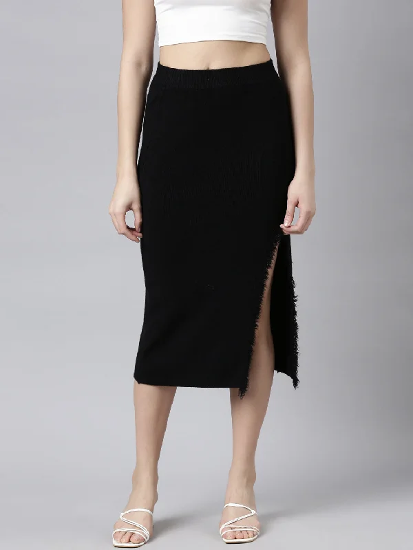 Wearable At Home Or Out Women Solid Black Straight Midi Skirt