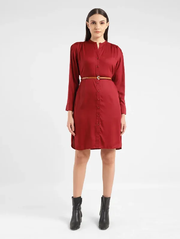 Soft Wear Women's Solid Red Band Neck Dress