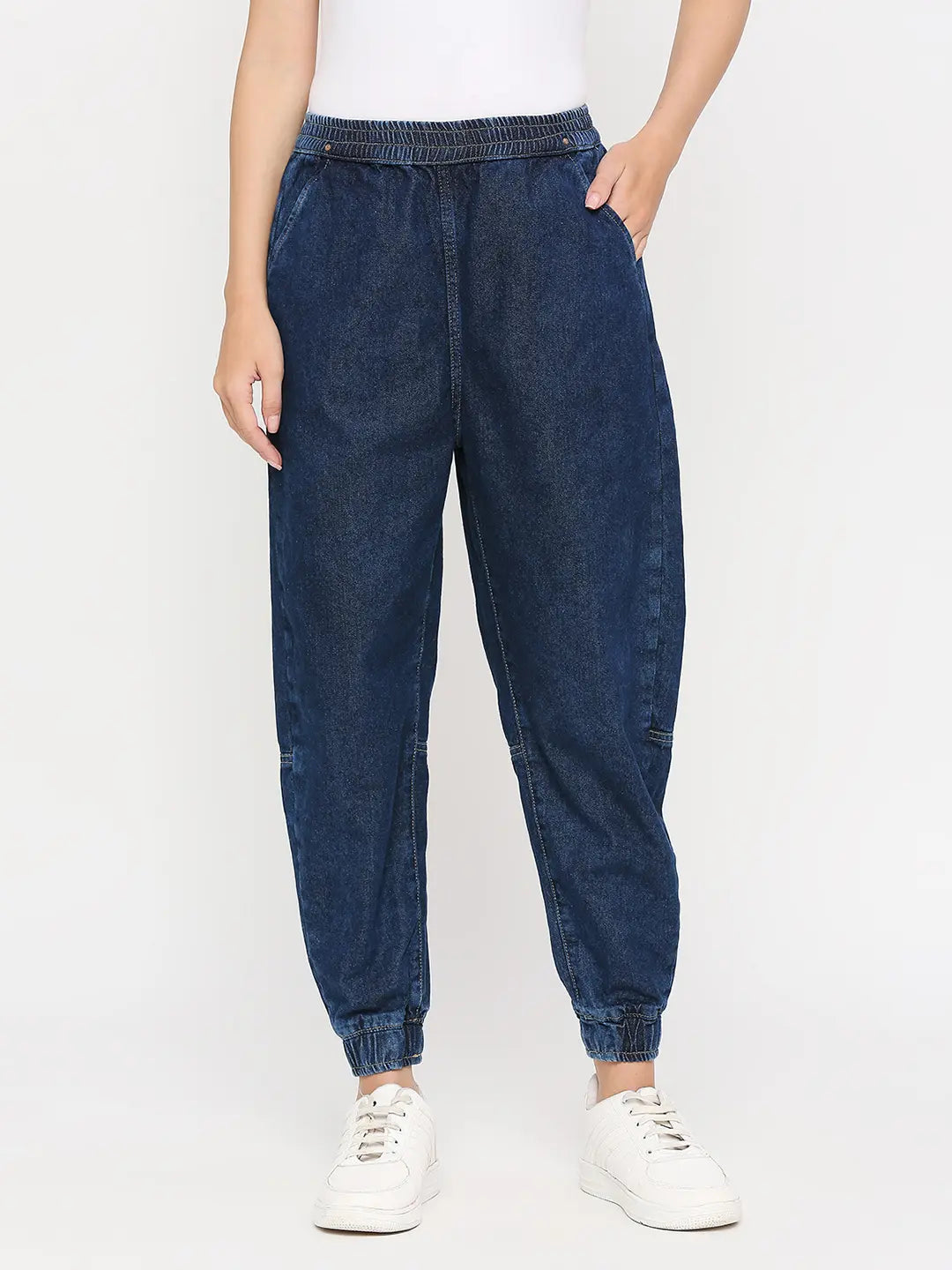 Comfort Fit Spykar Women Dark Blue Baggy Fit Crop Length Clean Look Mid Rise Joggers Jeans (Clara)