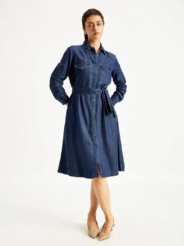 Trendy Wear Women's Solid Indigo Spread Collar Shirt Dress