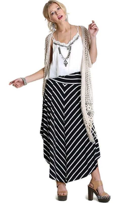 Versatile Style Bohemian Striped Midi Skirt, Navy