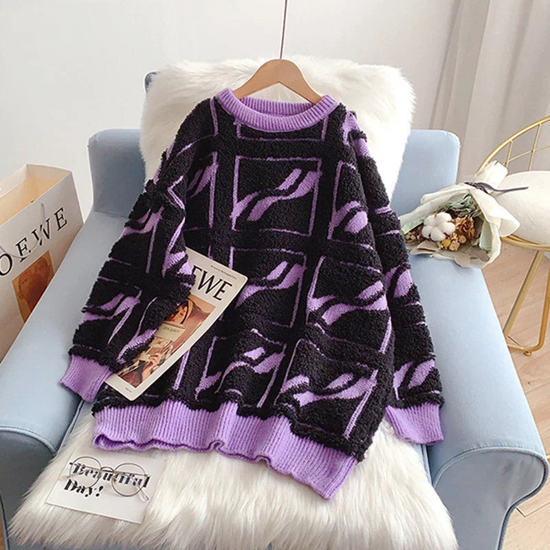 Relaxed Style Three dimensional flocking plaid sweater  5184