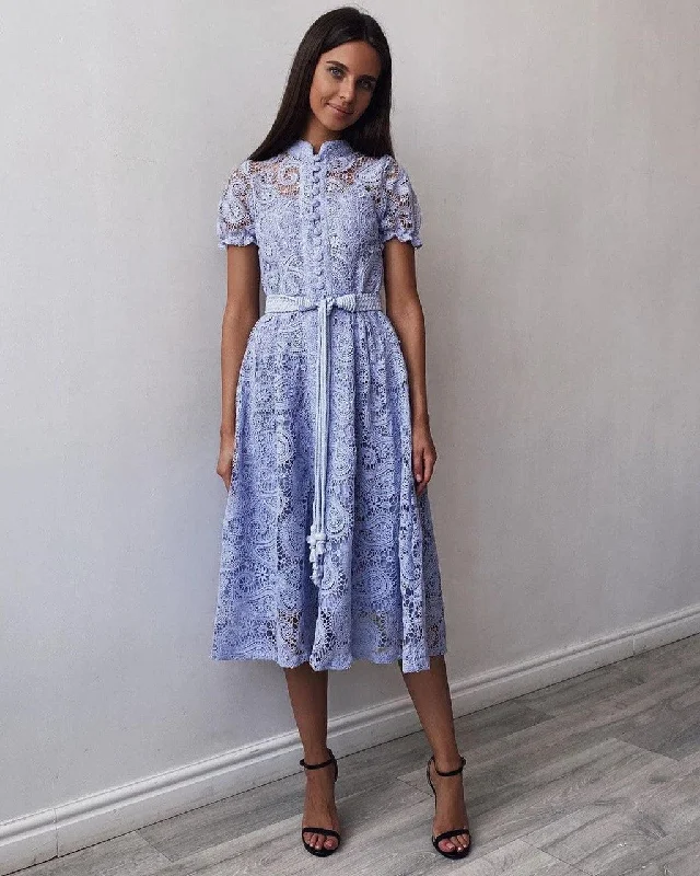 Retro Style Elegant Lace Lilac Midi Dress