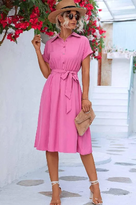 Street Show-off Style ROLL UP SLEEVE TIED WAIST FLARE SHIRTS DRESS