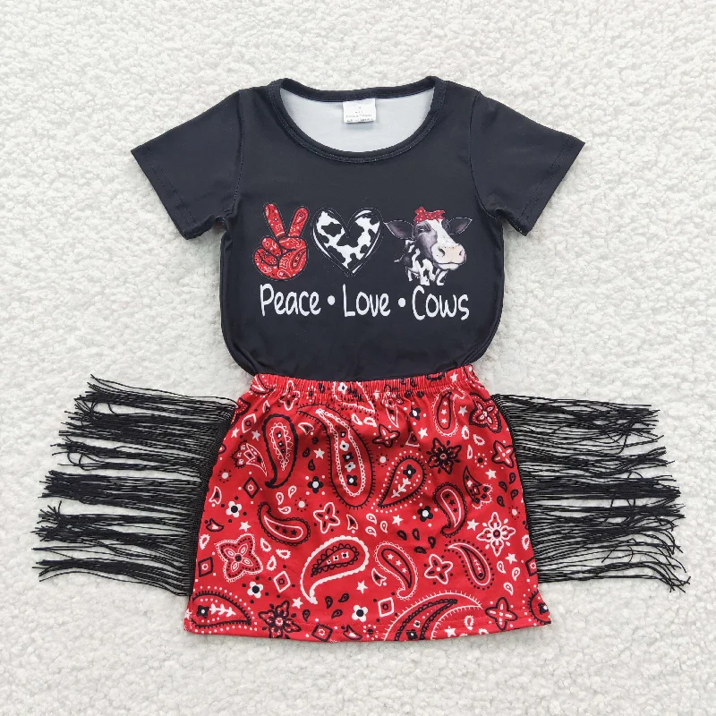 Celebrity Style girls black t-shirts tassel skirts sets GSD0302