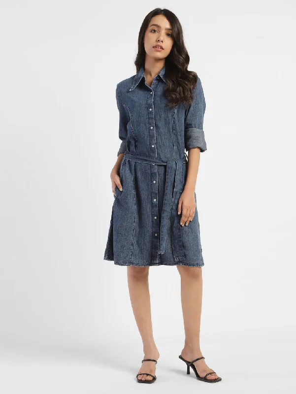 Casual Style Women's Solid Mid Indigo Shirt Collar Dresses