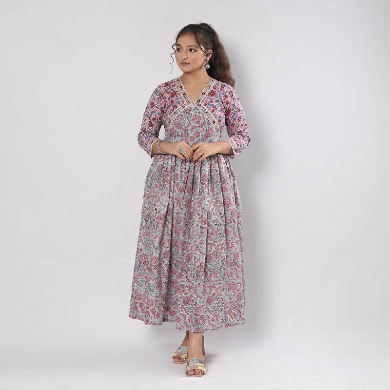 Sports Vitality Style Pink - Sanganeri Block Printed Cotton Flared Gher Dress
