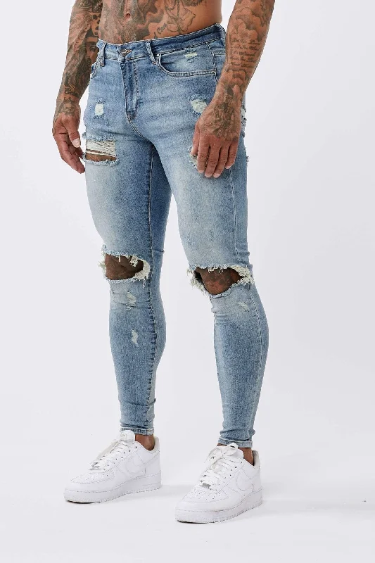 Fashion Must-have SKINNY FIT JEANS RIPPED & REPAIRED - STRONG WASHED MID BLUE
