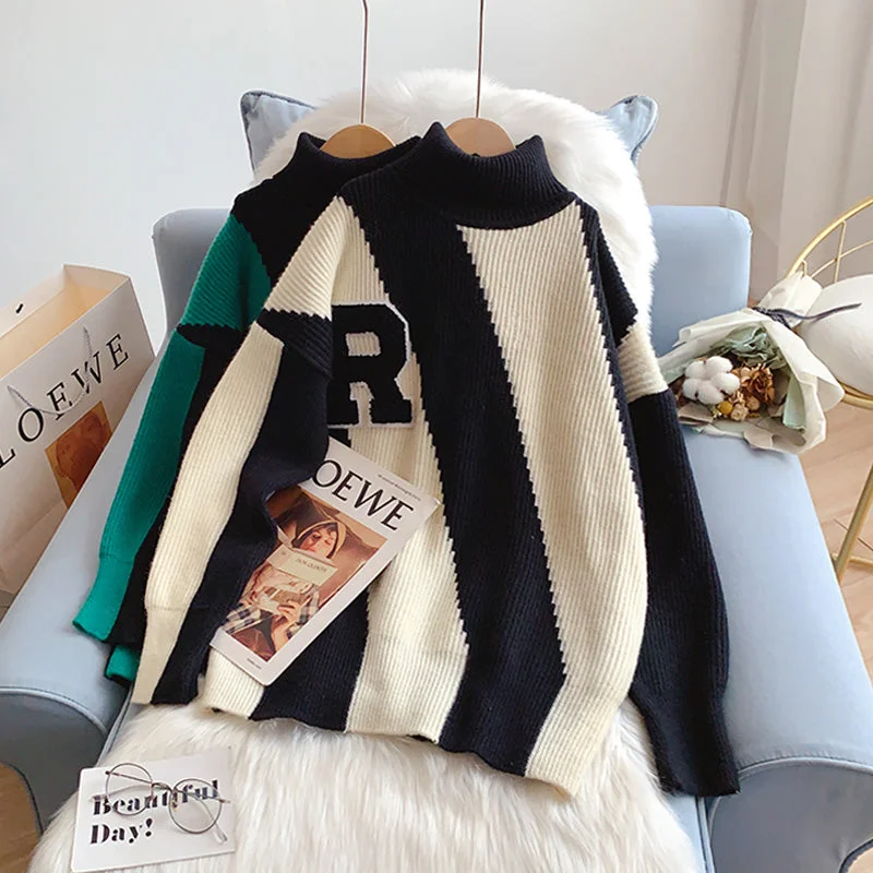Warm and substantial Contrast color turtleneck sweater lazy wind backing sweater top  5217