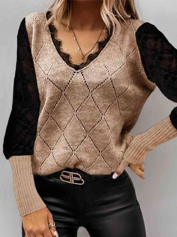 Cool Style Lace Decor V Neck Two Tone Sweater