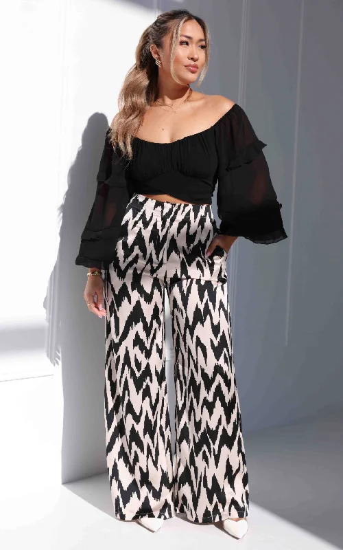 Advanced Customization Daya Satin Wide Leg Pants - Ivory Black Print