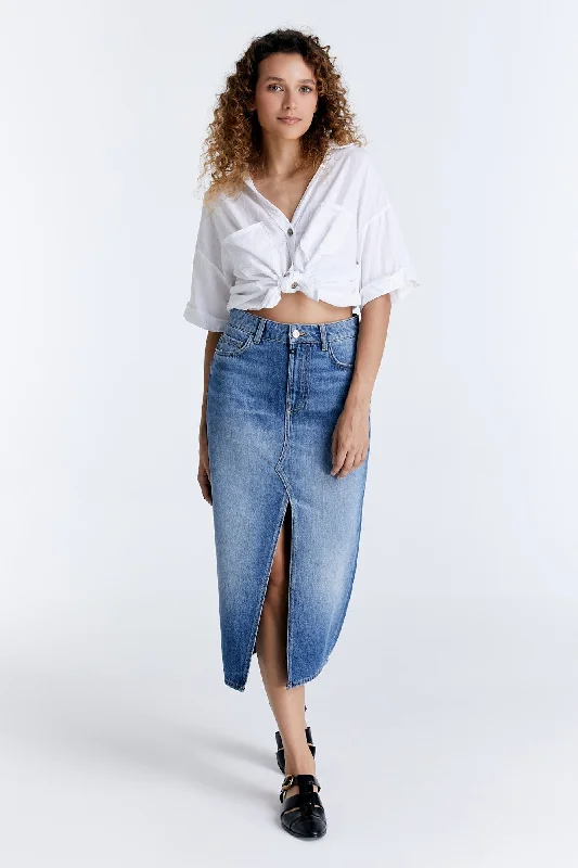 Street Casual Style Helen Mid Waist 5 Pocket Long Skirt Medium Blue