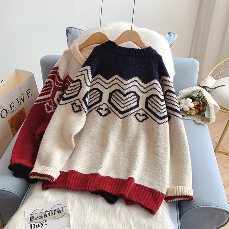 Simple Design Korean design contrast color love sweater coat  5188