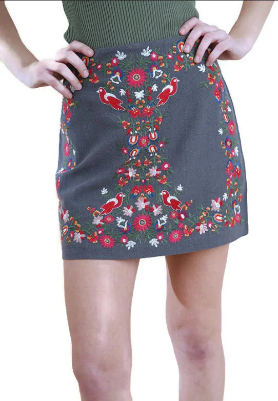 Cozy Layers Floral Embroidered High Waist Mini Skirt, Grey