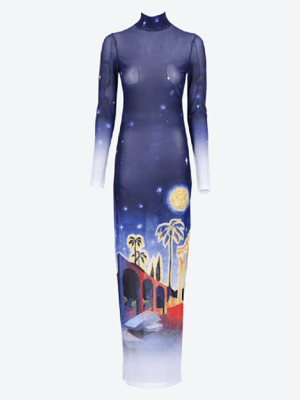 Multi-functional style Wo printed mesh maxi dress