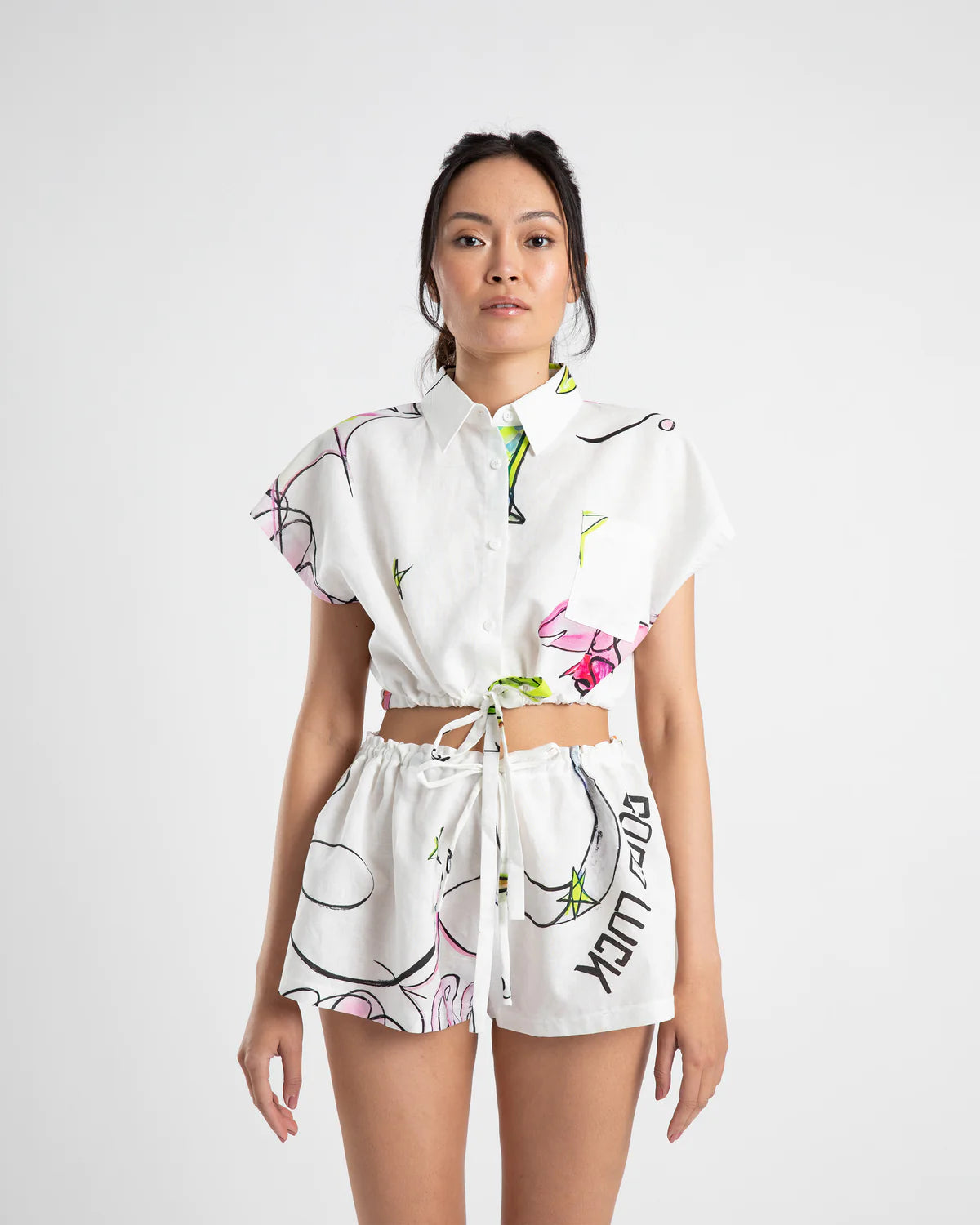British Fashion Summi Summi - CROPPED DRAWSTRING SHIRT - COWBOI PRINT