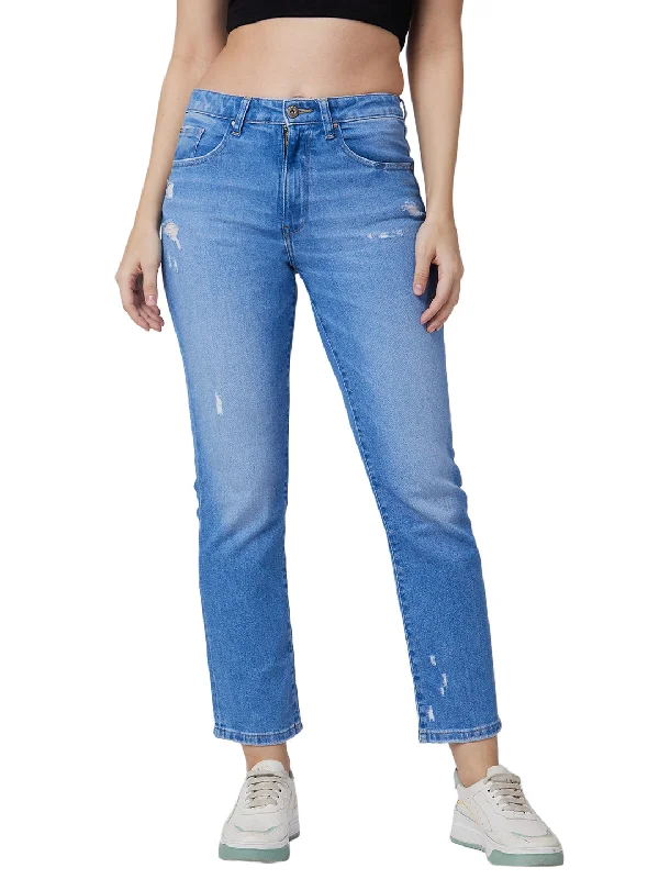 Soft Fabrics Spykar Mid Rise Slim Straight Fit Blue Jeans For Women