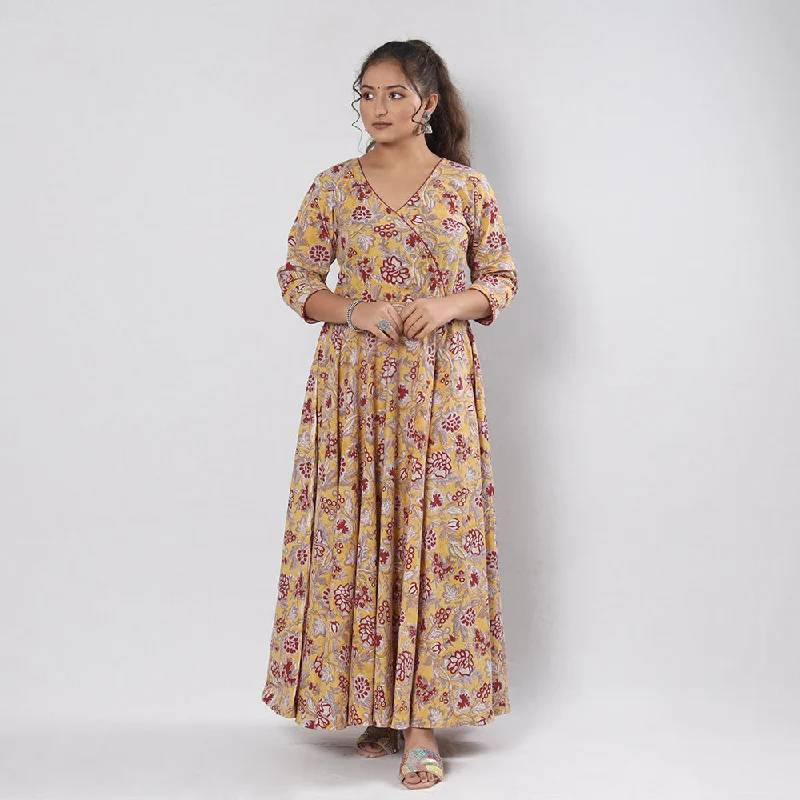 Printed pattern Yellow - Sanganeri Block Printed Cotton Flared Gher Dress