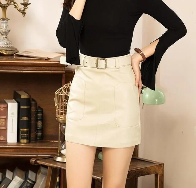 Embroidery Design Casual Women's Vintage Autumn High Waist Mini Pencil Beige Skirt with Belt on Clearance