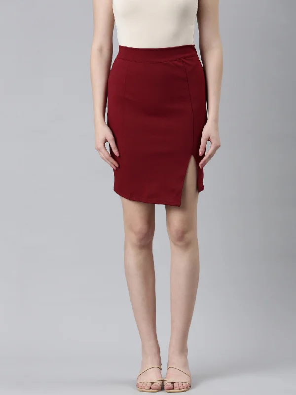 Classic Women Maroon Solid Pencil Skirt