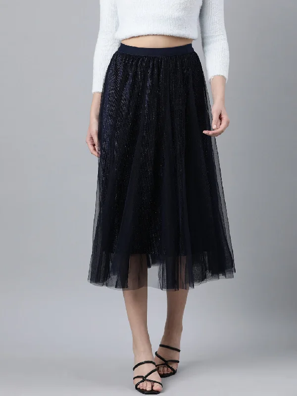 Layered Style Women Solid Navy Blue Flared Midi Skirt