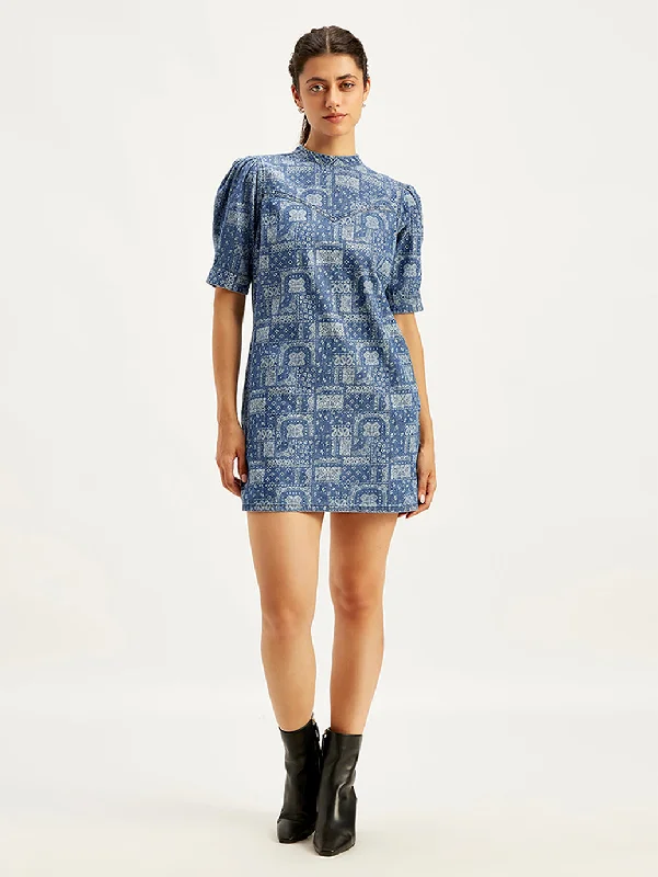 Romantic Temperament Women's Paisley Blue Band Neck Mini Dress