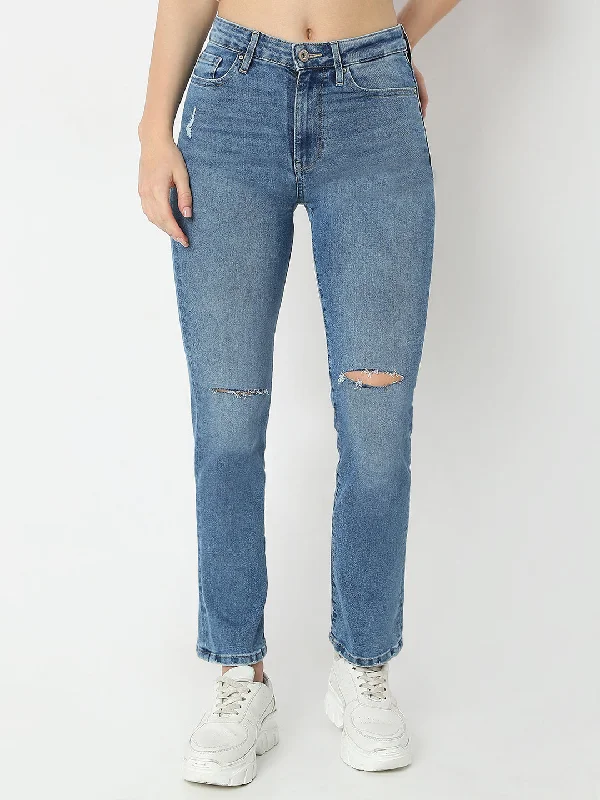 High-quality Fabrics Spykar Mid Blue Mid Rise Slim Straight Jeans For Women
