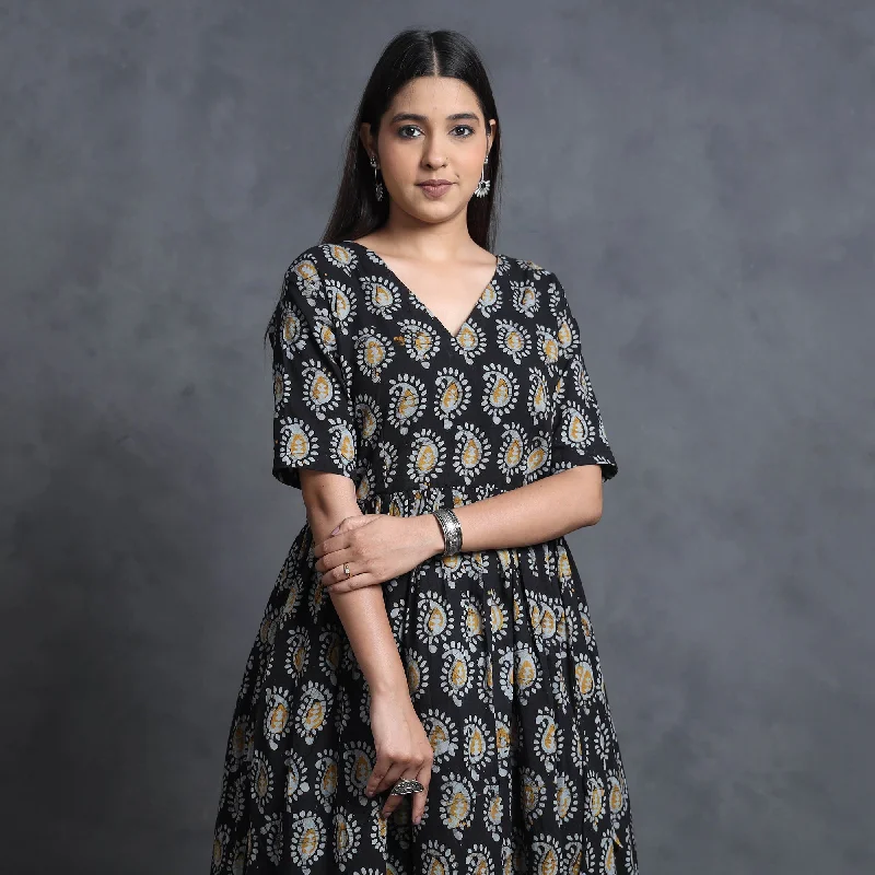 Street Sports Style Black - Hand Batik Printed Cotton Flared Gher Dress