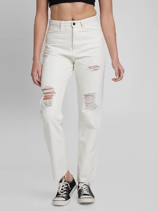 Lace Design Spykar Women White Cotton Straight Fit Regular Length Jeans (Bella)