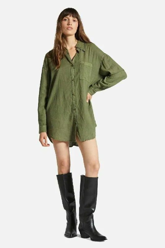 Celebrity Style Vintage Linen L/S Woven Shirtdress - Sea Kelp