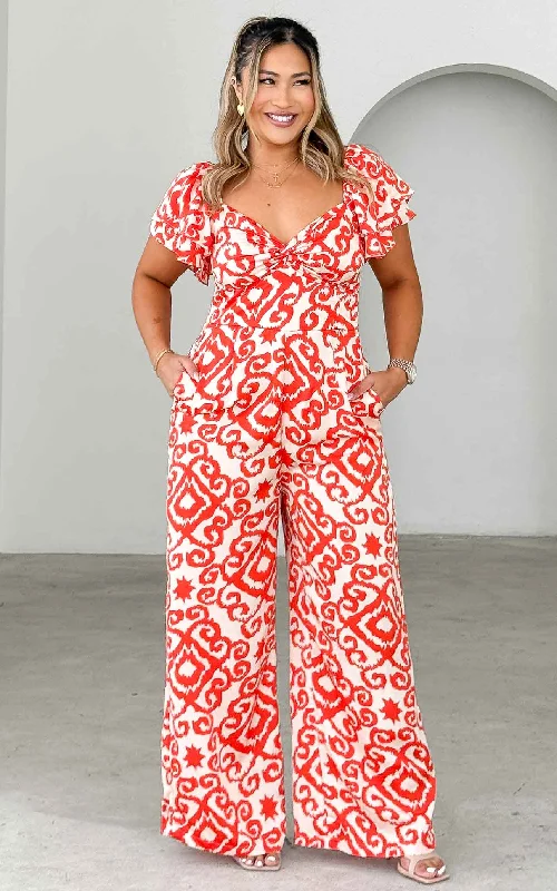 Sports Style Harley Wide Leg Jumpsuit - Orange Print