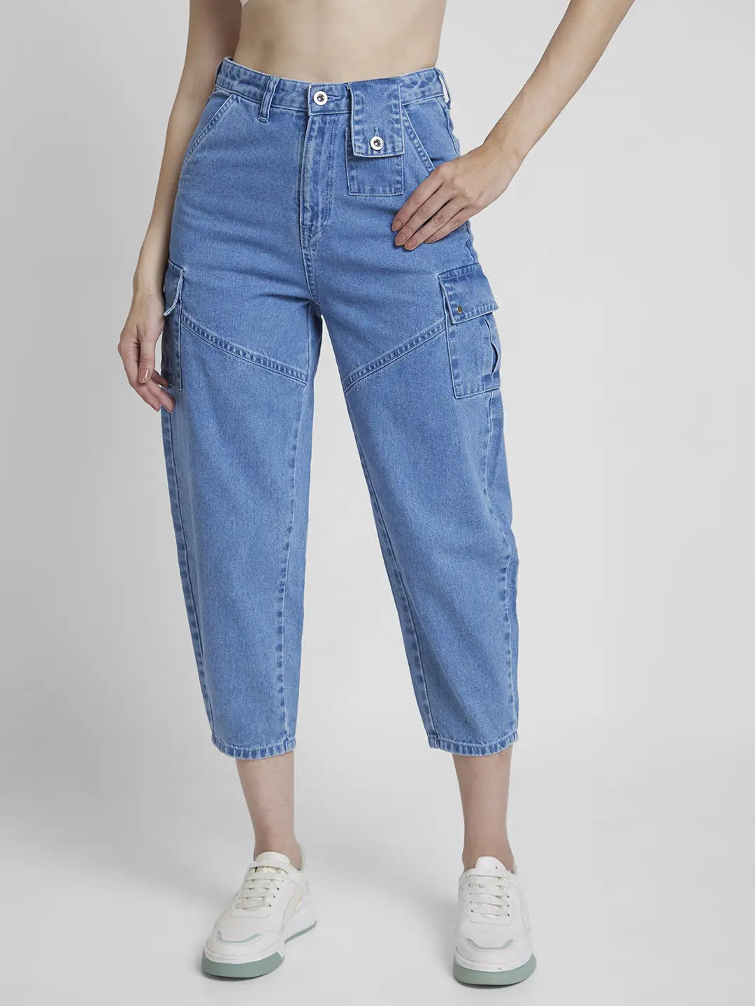 Noble And Elegant Spykar Women Light Blue Cotton Baggy Fit Crop Length Clean Look Jeans -(Clara)