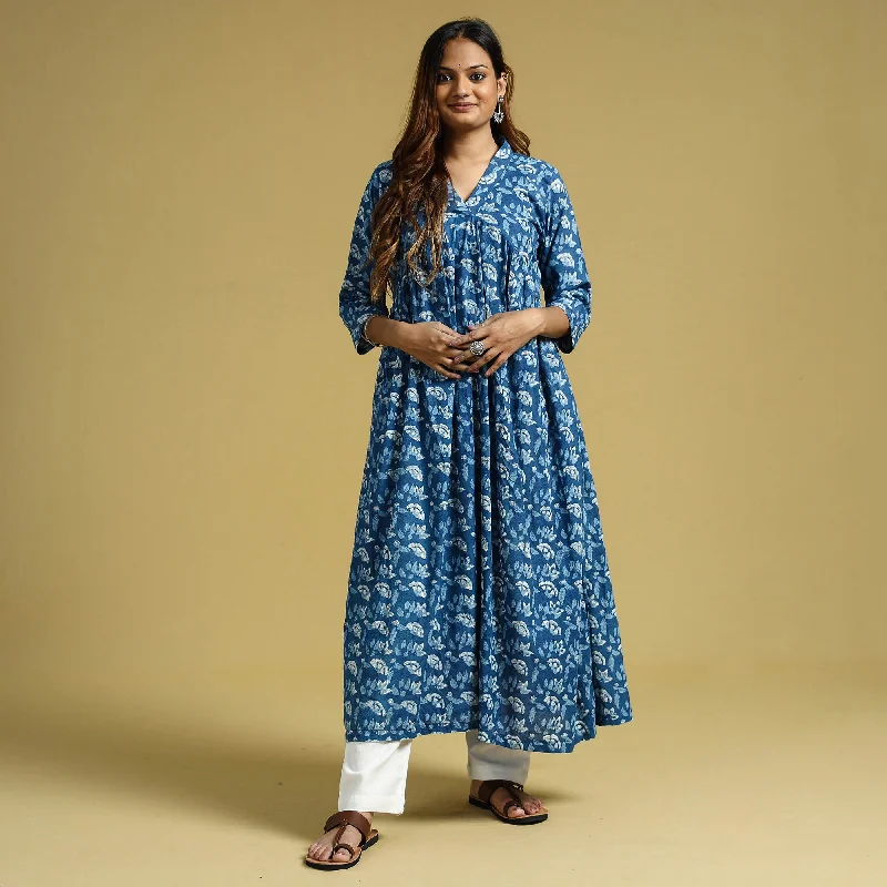 British casual Blue - Dabu Block Printed Cotton Flared Gher Dress