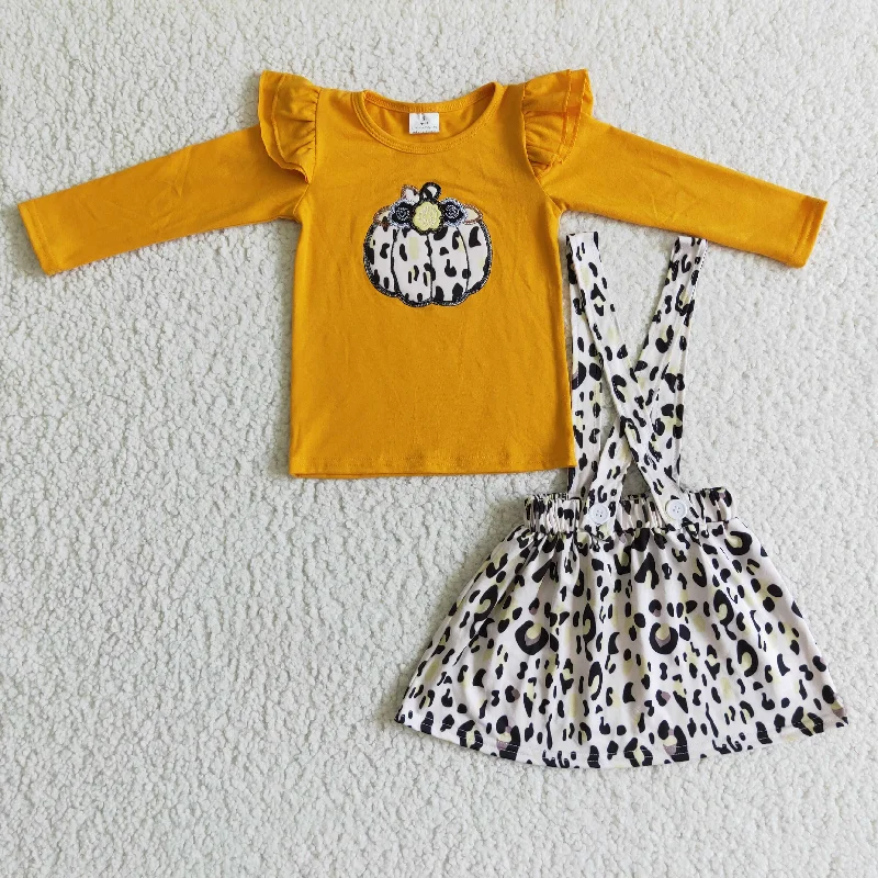 British Style girls leopard Pumpkin tops skirts sets GLD0008